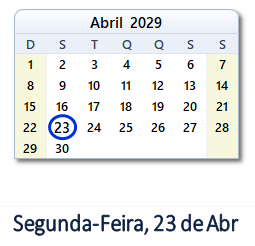 23 Abril 2029 calendario