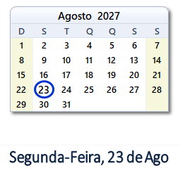 23 Agosto 2027 calendario