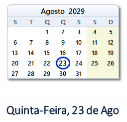 23 Agosto 2029 calendario