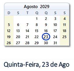 23 Agosto 2029 calendario
