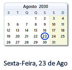 23 Agosto 2030 calendario
