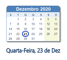 23 Dezembro 2020 calendario