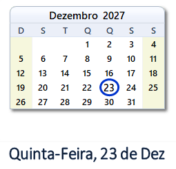 23 Dezembro 2027 calendario