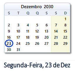 23 Dezembro 2030 calendario