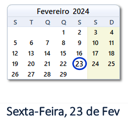 23 Fevereiro 2024 calendario