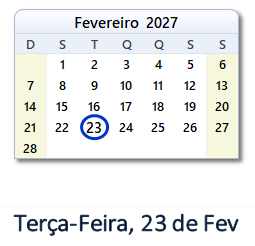 23 Fevereiro 2027 calendario