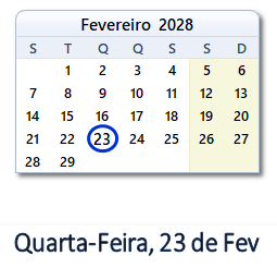23 Fevereiro 2028 calendario