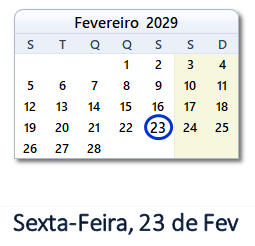 23 Fevereiro 2029 calendario