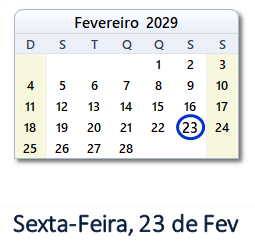 23 Fevereiro 2029 calendario
