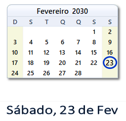23 Fevereiro 2030 calendario