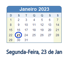 23 Janeiro 2023 calendario