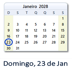 23 Janeiro 2028 calendario