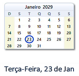 23 Janeiro 2029 calendario