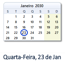 23 Janeiro 2030 calendario