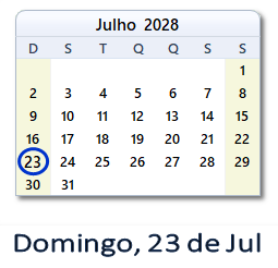 23 Julho 2028 calendario