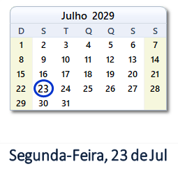 23 Julho 2029 calendario
