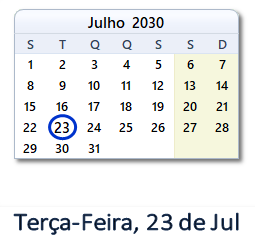23 Julho 2030 calendario