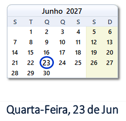 23 Junho 2027 calendario