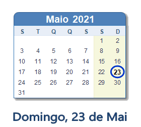23 Maio 2021 calendario