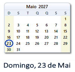 23 Maio 2027 calendario