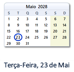 23 Maio 2028 calendario