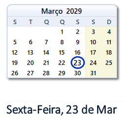 23 Março 2029 calendario