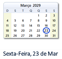 23 Março 2029 calendario