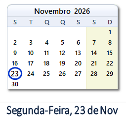 23 Novembro 2026 calendario