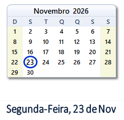 23 Novembro 2026 calendario