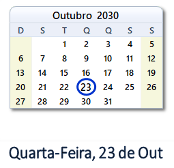 23 Outubro 2030 calendario