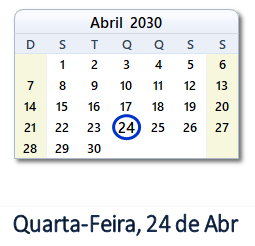 24 Abril 2030 calendario