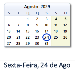 24 Agosto 2029 calendario