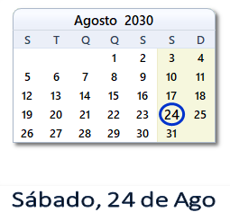 24 Agosto 2030 calendario