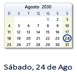 24 Agosto 2030 calendario