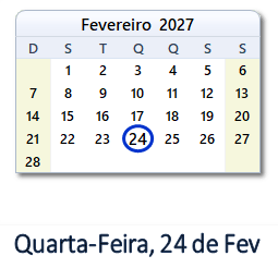 24 Fevereiro 2027 calendario