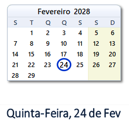24 Fevereiro 2028 calendario