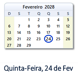 24 Fevereiro 2028 calendario