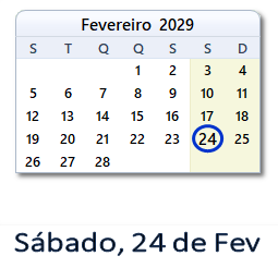 24 Fevereiro 2029 calendario