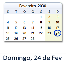 24 Fevereiro 2030 calendario