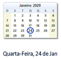 24 Janeiro 2029 calendario