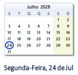 24 Julho 2028 calendario