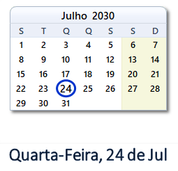 24 Julho 2030 calendario