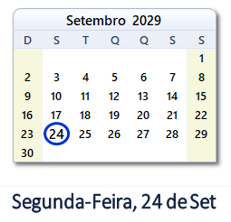 24 Setembro 2029 calendario