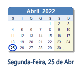 25 Abril 2022 calendario