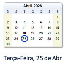 25 Abril 2028 calendario