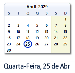 25 Abril 2029 calendario