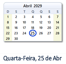 25 Abril 2029 calendario