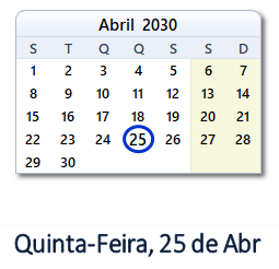 25 Abril 2030 calendario