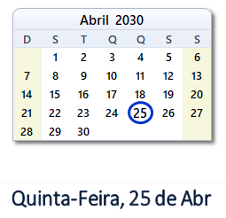 25 Abril 2030 calendario