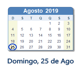 25 Agosto 2019 calendario